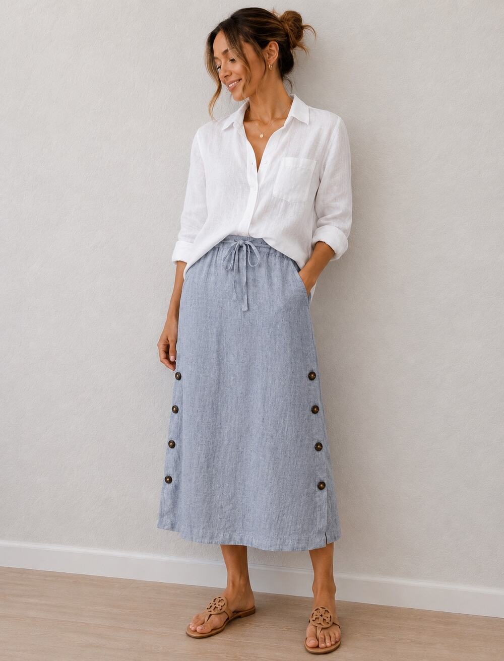 TAHARI 100% Linen Button Side Maxi Skirt Blue Drawstring Waist Summer | Medium